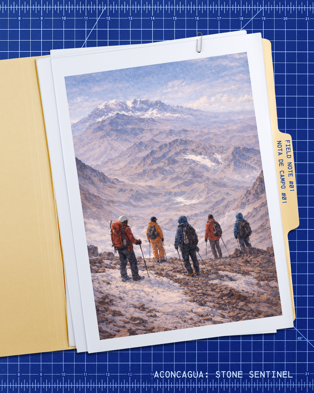 High camp at sunset with dome tents and lone climber