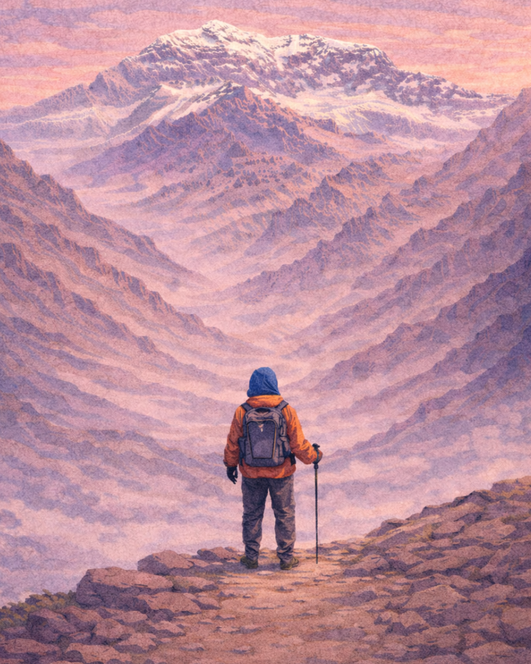 Lone climber facing Aconcagua at dawn