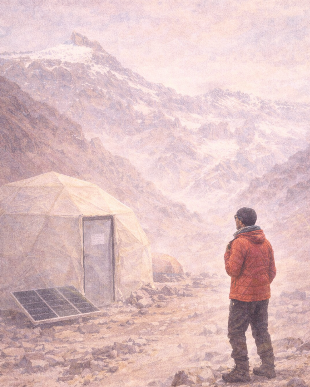 Snowfield under soft rose light with distant figure