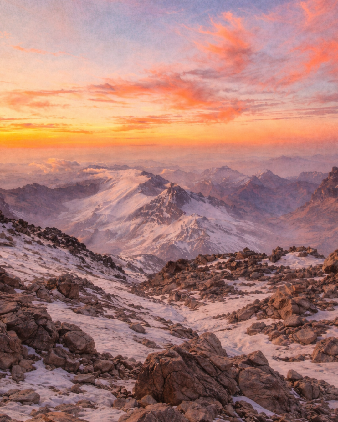 Climbers ascending steep terrain under alpenglow