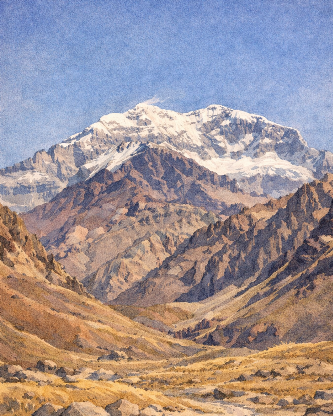 High camp at sunset with dome tents and lone climber